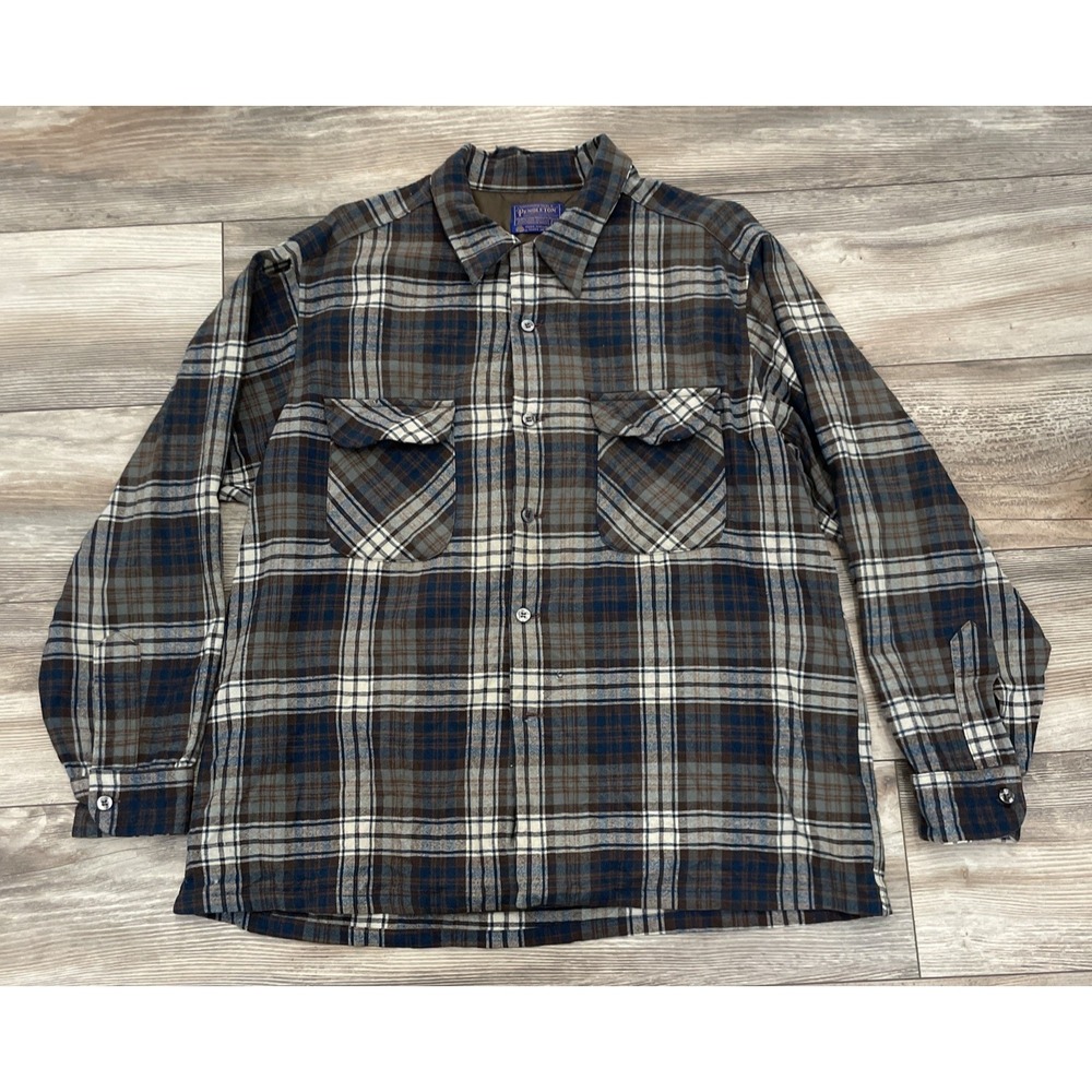 Vintage Pendleton Plaid Board Shirt Wool Loop Collar Mens XL USA Button Up